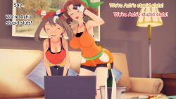  altered_common_sense alternate_costume ash_ketchum brown_hair caroline closed_eyes clothed couch dialogue earrings english_text femsub maledom may milf mother_and_daughter multiple_girls multiple_subs mustardsauce pillow pokemon pokemon_(anime) posing text v 