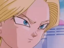  android_17 android_18 animated animated_gif black_hair blonde_hair blue_eyes dragon_ball dragon_ball_gt earrings femsub glowing glowing_eyes jewelry maledom red_eyes screencast short_hair 