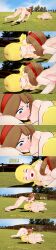  absurdres blonde_hair blue_eyes breasts brown_hair dialogue english_text female_only femsub licking long_hair mad_jacks may multiple_girls multiple_subs nintendo nipple_licking nipples nude pokemon short_hair sub_on_sub text white_eyes whitewash_eyes 