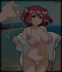 absurdres beach bikini blush breasts coin empty_eyes femsub glowing_eyes gondol-i happy_trance jacket large_breasts love_live! love_live!_sunshine!! midriff multicolored_eyes navel open_mouth pendulum red_hair ruby_kurosawa signature smile swimsuit tagme twintails undressing