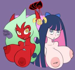  coin demon_girl drool femsub inverted_nipples large_breasts mahoumonsterart multicolored_hair panty_and_stocking_with_garterbelt pendulum scanty spiral_eyes stocking 