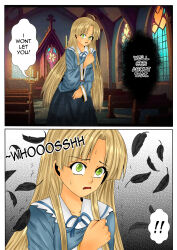  ahoge asia_argento blonde_hair clothed comic dialogue english_text green_eyes high_school_dxd kalawarner long_hair speech_bubble sweat tagme text trembling tuksoil 