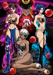 alternate_costume bare_legs bare_shoulders blair_dame blonde_hair blue_hair breasts brown_hair cammy_white capcom chun-li cleavage corruption cosplay dark_skin elena_(street_fighter) evil_smile expressionless eyepatch femsub fingerless_gloves gloves glowing_eyes hand_on_hip happy_trance hat heterochromia high_heels legs long_hair looking_at_viewer lying m._bison magion02 maledom midriff multiple_girls multiple_subs orb possession purple_eyes red_eyes short_hair sitting smile spider standing street_fighter thighhighs thighs white_hair