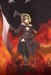  armor blonde_hair braid breasts capelin cleavage corruption dragon empty_eyes fate/apocrypha fate/grand_order fate_(series) jeanne_d&#039;arc_(fate) large_breasts long_hair ponytail sword thighhighs weapon wings yellow_eyes 
