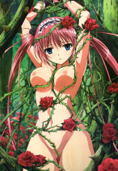 airi_(queens_blade) artist_request blue_eyes bondage bottomless breasts cuffs empty_eyes expressionless female_only hair_ribbon maid nude pink_hair queens_blade ribbon solo topless twintails very_long_hair