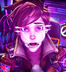 3d brown_hair dazed drool empty_eyes eyes_held_open female_only femdom femsub glowing glowing_eyes hypnotic_screen open_mouth overwatch resisting short_hair sombra_(overwatch) source_filmmaker spiral_eyes symbol_in_eyes tech_control text tongue tongue_out tracer xxxgingeslut357xxx