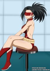  absurdres bare_legs belt black_hair boots corruption crossed_legs doggos_doujins female_only femdom leotard long_hair looking_at_viewer momo_yaoyorozu my_hero_academia ponytail raiha signature sitting smile solo tech_control visor 