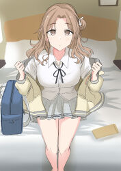 absurdres blush breasts brown_eyes brown_hair expressionless female_only femsub huge_breasts ichikawa_hinana long_hair pov pov_dom sitting skirt solo soy107 the_idolm@ster the_idolm@ster:_shiny_colors