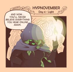 bodysuit cloak dialogue english_text green_eyes green_hair hood humor hypnotic_light hypnovember leaning_forward open_mouth original pstash speech_bubble spiral text