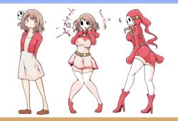 before_and_after belt breast_expansion breasts brown_eyes brown_hair corruption dress femsub heart high_heels mask nintendo original resisting sequence shoes short_hair shyguy spring super_mario_bros. text thighhighs transformation