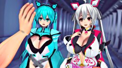  3d ahoge angry before_and_after blue_eyes blue_hair breasts cleavage collar custom_maid_3d_2 cyan_eyes cyan_hair esther_r18 grey_hair hair_ornament headphones huge_breasts leotard male_pov matoi_(phantasy_star) multiple_girls navel open_mouth phantasy_star_(series) pov red_eyes standing twintails uchinoko_esther_(esther_r18) 