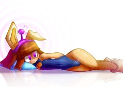  androgynous androgynous_sub antenna arms_behind_back bangs bare_legs blush bow_tie brown_hair bulge bunny_ears bunnysuit drool expressionless fake_animal_ears frisk_(undertale) glowing glowing_eyes headband large_hips lying male_only malesub open_mouth pillow pstash purple_eyes ring_eyes short_hair simple_background spiral_background straight-cut_bangs tech_control undertale white_background 