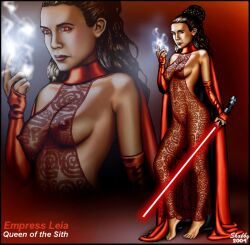 bare_shoulders barefoot bottomless breasts collarbone corruption dress erect_nipples female_only femdom gloves lightsaber looking_at_viewer nude opera_gloves princess_leia red_eyes shabby_blue small_breasts solo standing star_wars thighs topless unhappy_trance weapon