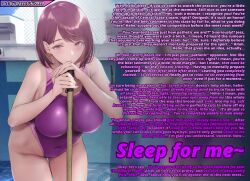  absurdres bent_over breasts brown_eyes brown_hair caption caption_only cleavage female_only female_pov femdom femsub gentsuki golden_scythe_(manipper) gradient_text large_breasts large_hips leaning_forward legs leotard looking_at_viewer manip original pool pov pov_sub short_hair sleep_command sleeping sleepy swimsuit text thick_thighs thighs yuri 