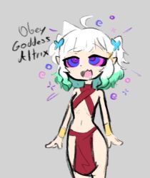 ahoge drool female_only femsub green_hair grey_background happy_trance harem_outfit kaa_eyes mint_fantome navel open_mouth original short_hair simple_background skecchyartist small_breasts standing_at_attention text twintails virtual_youtuber white_hair