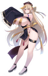  ass bare_legs bare_shoulders blonde_hair blush breasts clothed clothed_exposure female_only femsub hair_ornament hair_ribbon high_heels huge_breasts jiangshi kubiwa_(kutan) kutan magic multicolored_eyes original ribbon simple_background solo talisman thighs very_long_hair white_background 