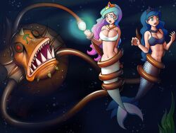  angler_fish angler_fish_lure bioluminescence blue_hair breasts cleavage dlobo777 femsub fish_girl glowing glowing_eyes green_hair hypnotic_light hypnotic_tentacle large_breasts long_hair mermaid multicolored_hair my_little_pony open_mouth personification pink_hair princess princess_celestia princess_luna sharp_teeth tentacles underwater 
