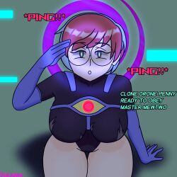  blue_hair bodysuit female_only femsub glasses gloves glowing glowing_eyes grey_eyes leotard multicolored_hair penny_(pokemon) ping pokemon pokemon_scarlet_and_violet red_hair spiral spiral_background text thick_thighs usakiki 