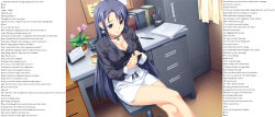 bare_legs black_hair bra breasts business_suit caption caption_only cleavage crossed_legs earrings femdom hypnotic_breasts jewelry js7455_(manipper) koutaro large_breasts legs long_hair manip nagi_saotome office_lady pov pov_sub purple_hair short_skirt text tropical_kiss underwear