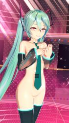  3d arm_warmers blue_hair boots bottomless breasts clothed_exposure cyan_hair erect_nipples evil_smile female_only femsub heavy_eyelids koikatsu! looking_at_viewer microphone miku_hatsune red_eyes sexually_suggestive small_breasts smile solo standing taihou1944 thighhighs tie topless twintails very_long_hair vocaloid 