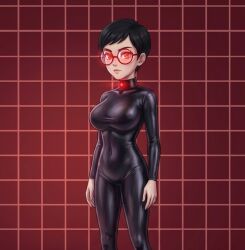    ai_art black_hair bodysuit breasts carmen_sandiego collar control_collar expressionless female_only femsub glasses glowing glowing_eyes julia_argent_(carmen_sandiego) latex looking_at_viewer red_eyes short_hair simple_background solo standing standing_at_attention tech_control tight_clothing zupern0va_(manipper) 
