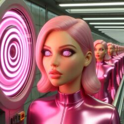 ai_art bodysuit clone doll dollification dyxxx_(generator) expressionless female_only femsub glowing makeup multiple_girls multiple_subs pink_eyes pink_hair pink_lipstick robotization rubber short_hair spiral