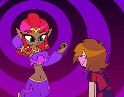 aged_up alternate_costume arm_warmers bare_shoulders consensual crop_top crossover crown dancer dark_skin disney elf_ears eyebrows_visible_through_hair eyelashes femdom gerudo green_eyes harem_outfit heart_eyes hoodie hypnoscream hypnotic_dance kingdom_hearts large_breasts leaning_forward love makeela_riju malesub midriff navel nintendo open_mouth pants purple_background red_hair ring_background seductive_smile shiny_hair short_hair sideboob sora square_enix tears_of_the_kingdom the_legend_of_zelda tied_hair wide_hips