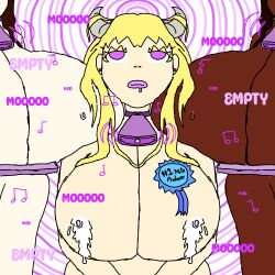 bell_collar bimbofication black_hair blonde_hair breasts cow_girl cowbell empty_eyes female_only femsub happy_trance huge_breasts lactation lipstick music original purple_background purple_eyes purple_lipstick source_request topless 