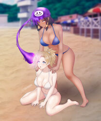  absurdres androgynous_dom bare_legs bare_shoulders barefoot beach bikini black_hair blonde_hair blue_eyes brown_eyes cleavage complex_background dark_skin empty_eyes expressionless female_only femsub h.u.g_(kronobas28) hypnotic_slime kneeling kronobas28 large_breasts light_skin mercy midriff multiple_girls multiple_subs open_mouth original overwatch parasite pharah ponytail short_hair signature slime spiral_eyes standing 