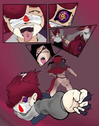  black_hair black_sclera brown_background brown_eyes brown_hair clothed dialogue drugs english_text eye_color_change faetomi female_only femdom femsub long_hair mask original purple_eyes sharp_teeth short_hair simple_background syringe text vampire white_eyes whitewash_eyes 
