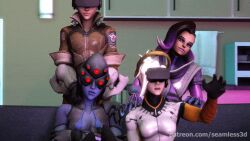  3d animated animated_gif breasts clothed dazed female_only femdom femsub large_breasts long_hair mei_(overwatch) mercy open_mouth overwatch seamless short_hair smile sombra_(overwatch) source_filmmaker tattoo tech_control text tongue tracer visor widowmaker 