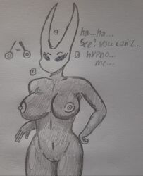 absurdres blush bottomless breasts bug_girl dark_skin female_only femsub ghostec greyscale hollow_knight_(series) hornet_(hollow_knight) insect large_breasts mask monochrome nude pendulum ring_eyes text topless traditional unaware