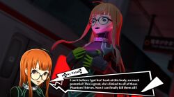  3d ahoge bluecorral bodysuit breast_fondling breast_grab breasts brown_eyes clothed collar dialogue empty_eyes english_text female_only femdom femsub futaba_sakura glasses groping holding_breasts long_hair marie_anto open_mouth orange_hair persona_(series) persona_5 persona_5_tactica possession text tight_clothing yuri 