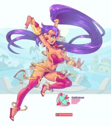  bimbofication bottomless breasts dark_skin earrings elf_ears female_only femsub genie happy_trance harem harem_outfit heart heart_eyes jewelry large_breasts long_hair open_mouth ponytail purple_hair shantae shantae_(series) smile solo supersatanson symbol_in_eyes text topless very_long_hair 