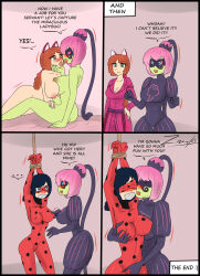 absurdres black_hair blush bottomless breasts cat_ears comic female_only femdom femsub green_eyes green_skin hair_buns heart heart_eyes large_breasts long_hair marinette_dupain-cheng mask miraculous_ladybug nude open_mouth orange_hair original pink_hair rope rose_lavillant smile super_hero symbol_in_eyes text topless twintails viltai_(viltai) yuri zronku