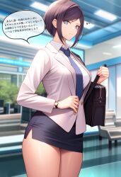  ai_art altered_common_sense angry assertive_sub blue_eyes brown_hair empty_eyes large_hips office_lady original pinpinmaru short_hair skirt speech_bubble text tie translation_request unaware wrist_watch 