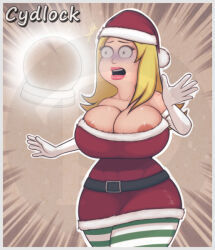 american_dad bare_shoulders black_eyes blonde_hair breasts christmas cleavage collarbone cydlock dress erect_nipples female_only femsub francine_smith hat huge_breasts large_breasts long_hair milf open_mouth santa_costume santa_hat solo standing topless unhappy_trance
