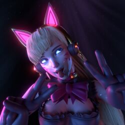 3d blonde_hair breasts d.va female_only femsub glowing glowing_eyes headphones hypnotic_accessory large_breasts long_hair overwatch solo tech_control tongue tongue_out v vynil