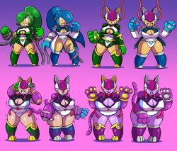 animal_ears blue_hair breast_expansion breasts cat_girl chibi cleavage comic corruption femsub green_hair happy_trance helmet large_breasts long_hair original ponytail prinnydood purple_skin resisting robotization sequence tail tech_control tentacles transformation
