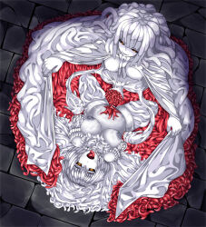 black_sclera breasts corruption discolored_nipples female_only femdom femsub large_breasts long_hair monster_girl open_mouth original short_hair silk tentacles thighhighs tongue tongue_out topless white_hair white_skin