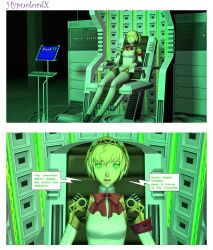 3d aegis_(persona) blonde_hair breasts comic dialogue female_only femsub glowing glowing_eyes hypnolordx open_mouth persona_(series) persona_3 robot robot_girl short_hair sitting source_filmmaker tech_control text