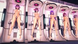 3d arms_behind_back asagi_(kara_kikai) bangs black_hair blush bow brown_hair cables collar corruption cuffs femsub grey_hair headband kara_kikai koikatsu! large_breasts multiple_girls multiple_subs navel nipples nude open_mouth original ponytail purple_hair restrained sex_machine straight-cut_bangs sweat vaginal very_long_hair wires