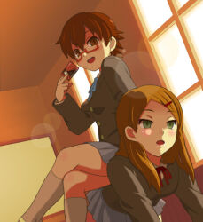  all_fours blush breasts brown_eyes brown_hair caspi clothed crossed_legs empty_eyes evil_smile expressionless eyebrows_visible_through_hair femdom femsub glasses green_eyes hair_clips hair_ornament human_furniture k-on! long_hair mio_akiyama nodoka_manabe open_mouth ring_eyes school_uniform short_hair short_skirt sitting skirt small_breasts smile socks sokabe_megumi story symbol_in_eyes uniform 