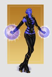 absurdres alien alien_girl alternate_costume aria_t&#039;loak blue_skin blush breasts cleavage corruption evil_smile female_only femsub gloves glowing glowing_eyes high_heels large_breasts latex mass_effect opera_gloves rotem_dishon simple_background smile solo tattoo tech_control whitewash_eyes