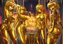 absurdres ass breasts cleavage female_only glasses gold_skin ibenz009 large_breasts liquid_metal open_mouth original robot robotization shiny_skin smile