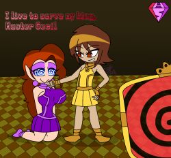  aged_up alternate_costume anita_(darkstalkers) bare_shoulders blue_eyes brown_eyes brown_hair capcom cecil_(darkstalkers) chin_hold clothed darkstalkers dialogue earrings english_text eyebrows_visible_through_hair eyelashes eyeshadow femsub hand_on_hip happy_trance heavy_eyelids hypnoscream hypnotic_screen king kneeling large_breasts maledom queen royalty shiny_hair simple_background skirt smile smug spiralwash_eyes standing tech_control text watermark wide_hips 