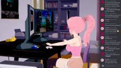  3d computer crystal_(zko) female_only femsub humor koikatsu! large_breasts legs original pink_hair pov_dom shorts tank_top text thighhighs tr4pd00r trigger user_interface 