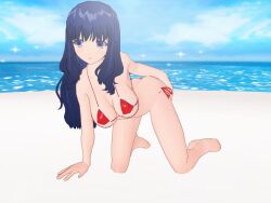 3d 3d_custom_girl beach bikini blue_eyes blue_hair breasts empty_eyes femsub henshin-san large_breasts long_hair posing smile