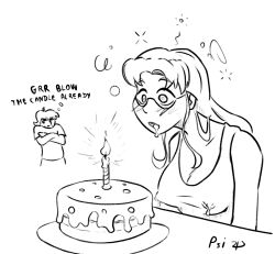 aurora_(jabberwocky) birthday cake candle cleavage drool erect_nipples femsub glasses hypnotic_light lactation original psi