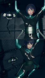  3d arms_above_head black_hair bodysuit breasts comic face_paint female_only femsub gloves green_eyes honey_select_2 murochi-san open_mouth opera_gloves original restrained rubber short_hair solo spread_legs thighhighs 